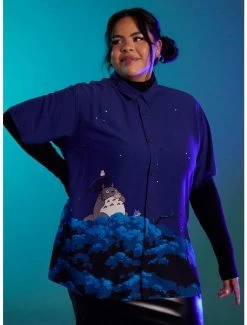 Promo ❤️ Studio Ghibli My Neighbor Totoro Night Sky Girls Woven Button-Up Plus Size 💯